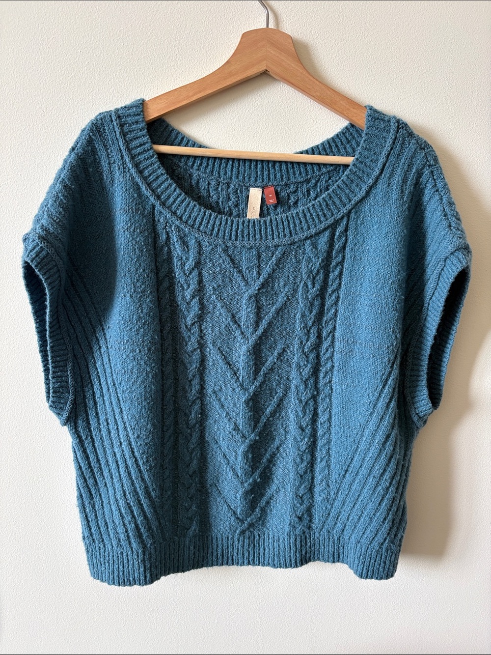 Pilcro Teal Cable-Knit Wool Blend Scoop-Neck Short Sleeve Sweater